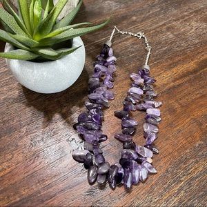 Amethyst statement silver necklace raw gemstone free form shard double strand